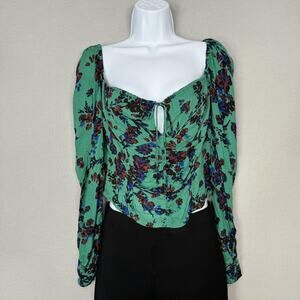 Free People Hilary Printed Top‎ Womens Medium Green Boho Floral Peasant Crop
